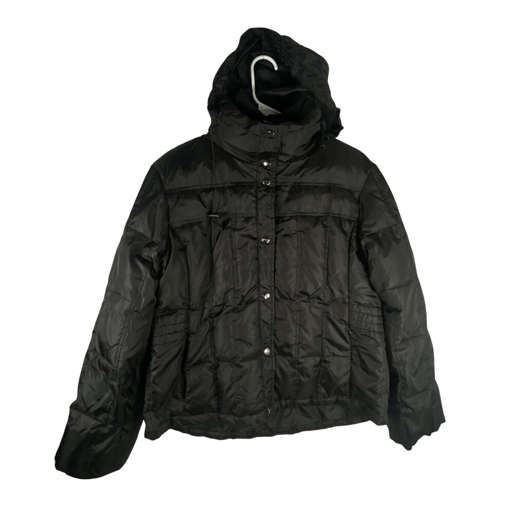 Guess Down Puffer Jacket Womens Large Black Hooded Zip Quilted Short Warm
